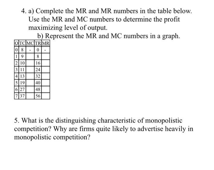 Solved 4. a) Complete the MR and MR numbers in the table