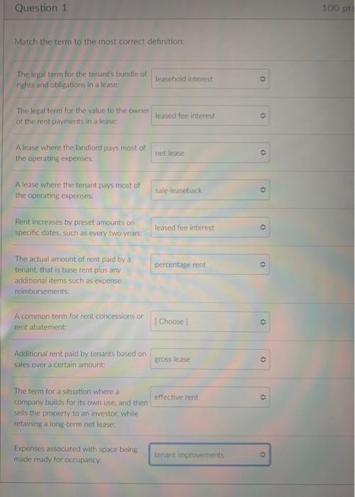 Solved Question 1 100 pt Match the term to the most correct | Chegg.com