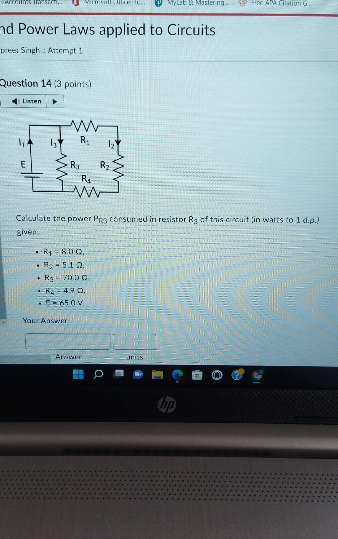 Solved Calculate The Power PR3 Consumed In Resistor R3 Of | Chegg.com