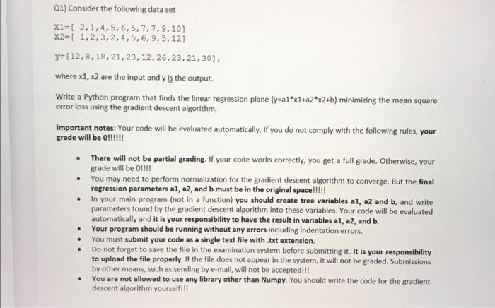 Solved Q1) Consider the following data set | Chegg.com