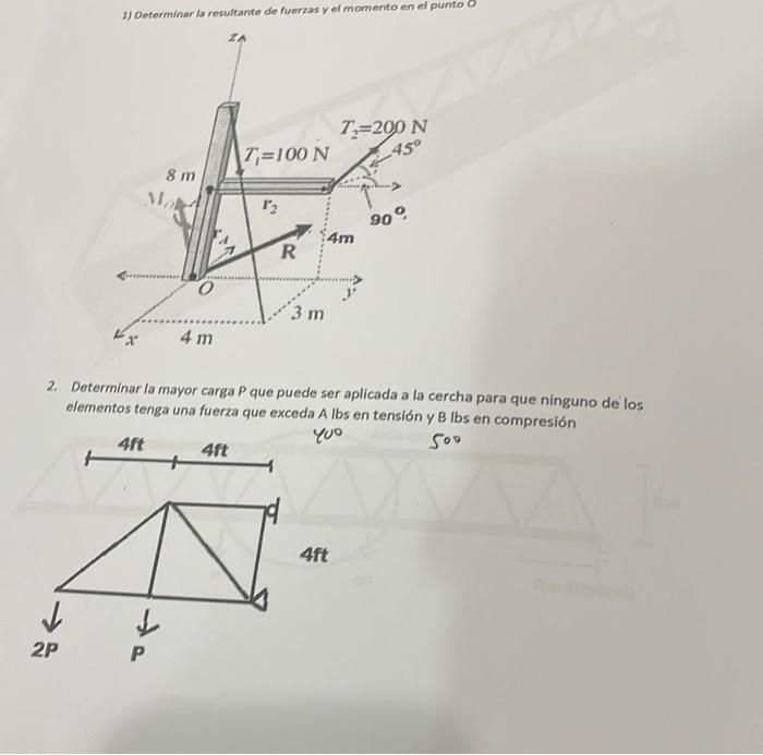 1) Determinar ia resultante de fuerzas \( y \) ef momento en el punto 0 2. Determinar la mayor carga \( P \) que puede ser ap