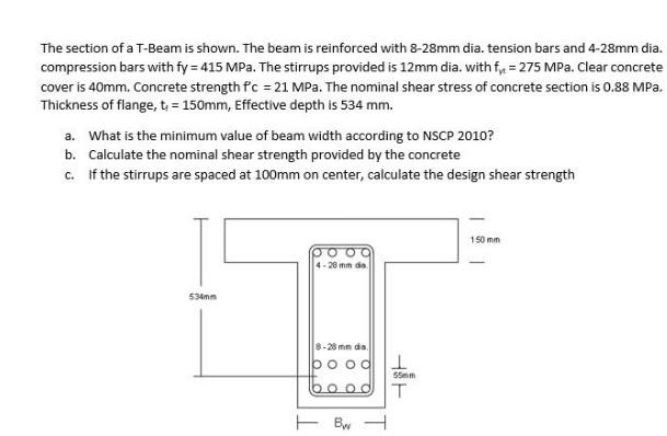 Solved = The section of a T-Beam is shown. The beam is | Chegg.com