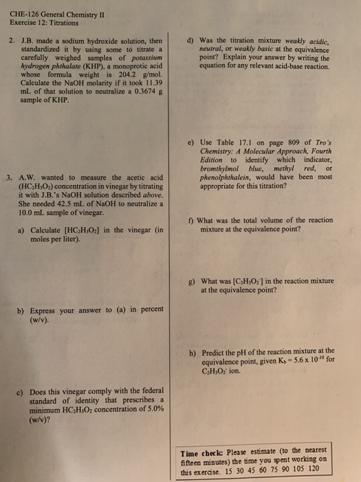 Che 126 General Chemistry Ii Exercise 12 Titratio Chegg Com