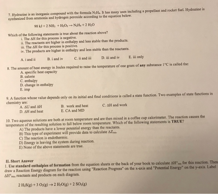 Solved 7 Hydrazine Is An Inorganic Compound With The For Chegg Com