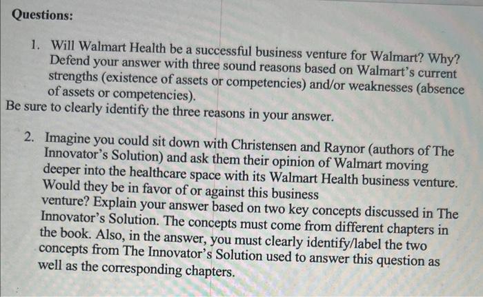 Solved 1. Will Walmart Health be a successful business | Chegg.com