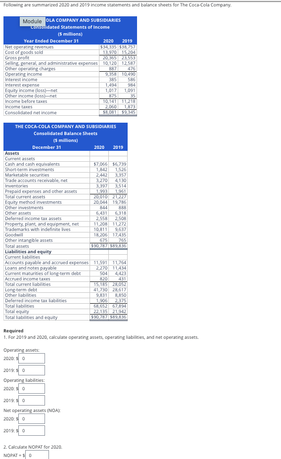 RequiredFor 2019 ﻿and 2020, ﻿calculate operating | Chegg.com