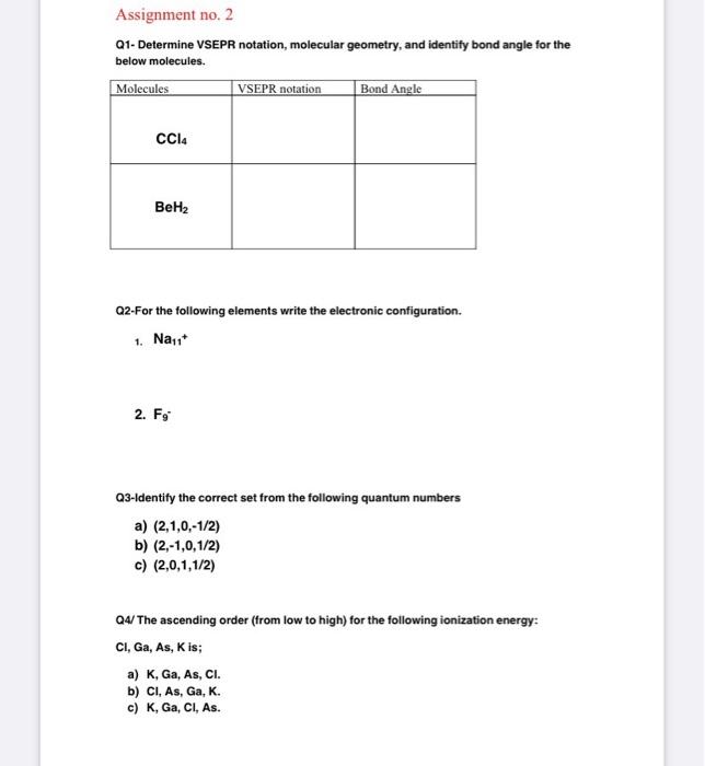 Solved Assignment no. 2 Q1-Determine VSEPR notation, | Chegg.com