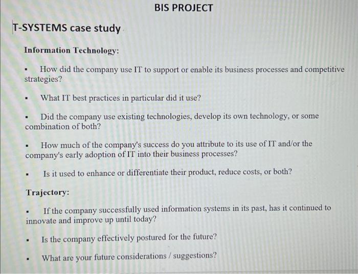 Solved BIS PROJECT T-SYSTEMS case study Information | Chegg.com