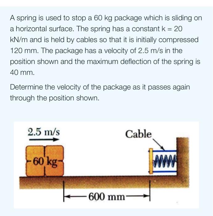 Solved A spring is used to stop a 60 kg package which is | Chegg.com