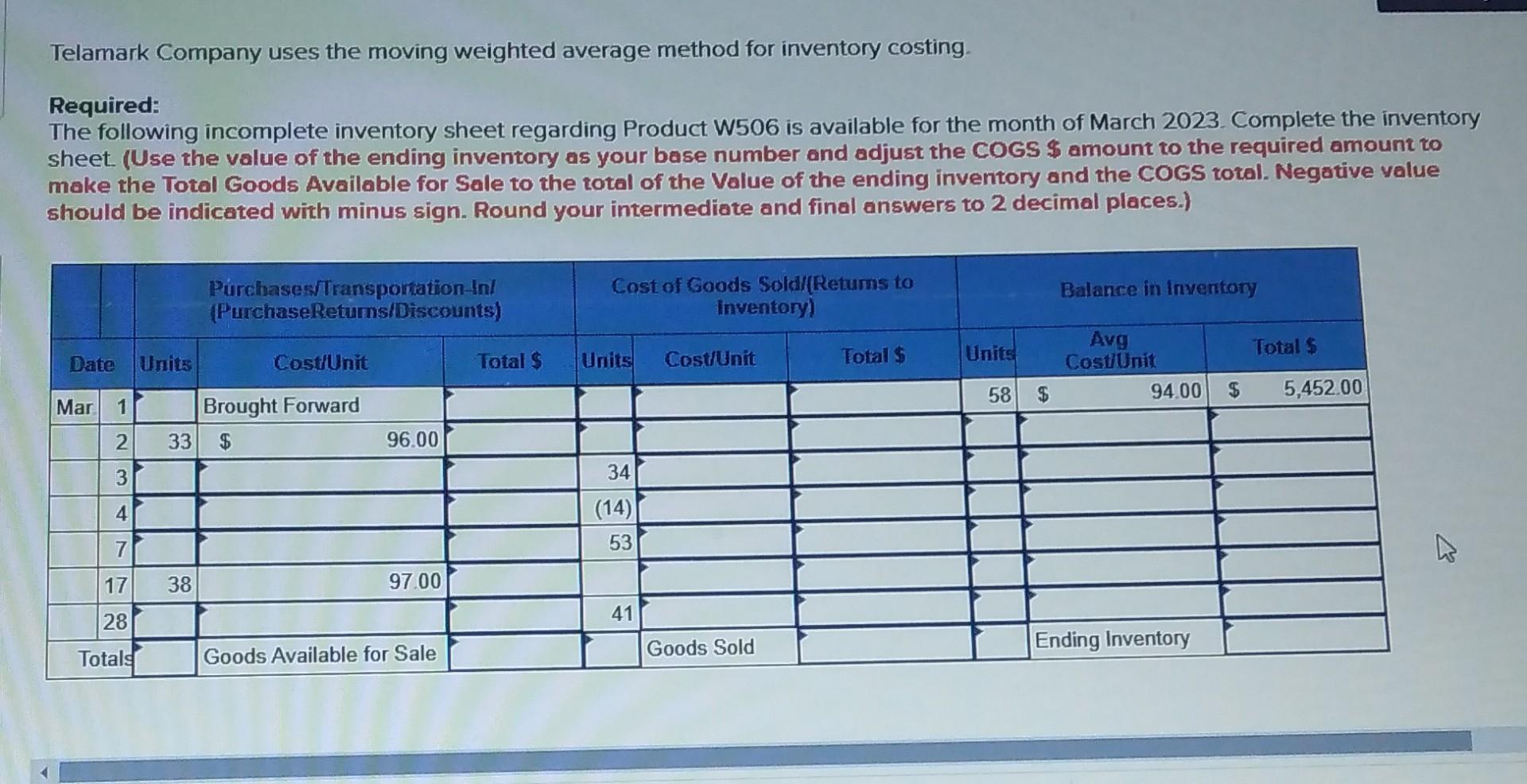 Solved telamark company uses the moving weighted average chegg