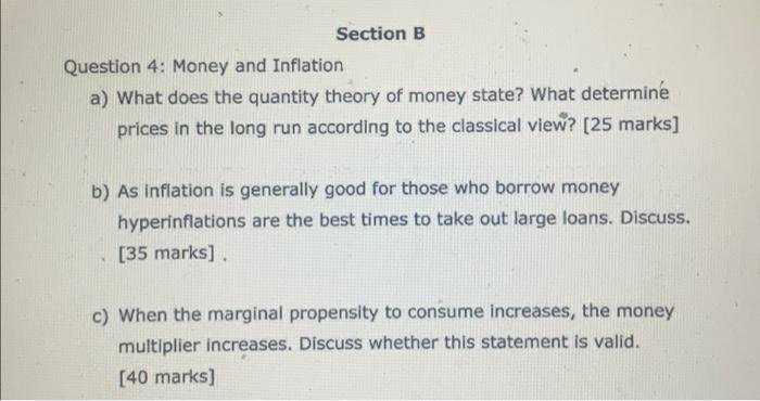 Solved Section B Question 4: Money And Inflation A) What | Chegg.com