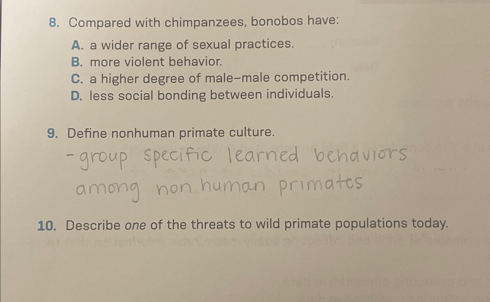 Solved Compared with chimpanzees, bonobos have:A. ﻿a wider | Chegg.com