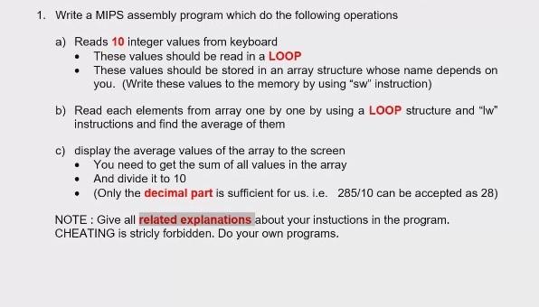 Solved 1. Write a MIPS assembly program which do the | Chegg.com