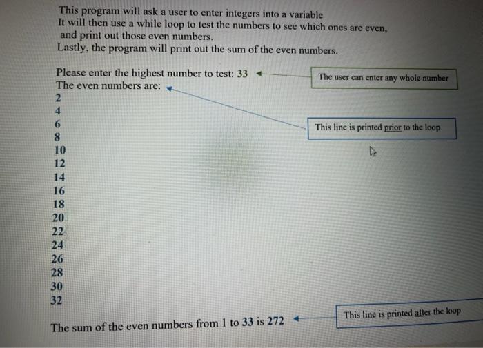This program will ask a user to enter integers into a variable It will then use a while loop to test the numbers to see which