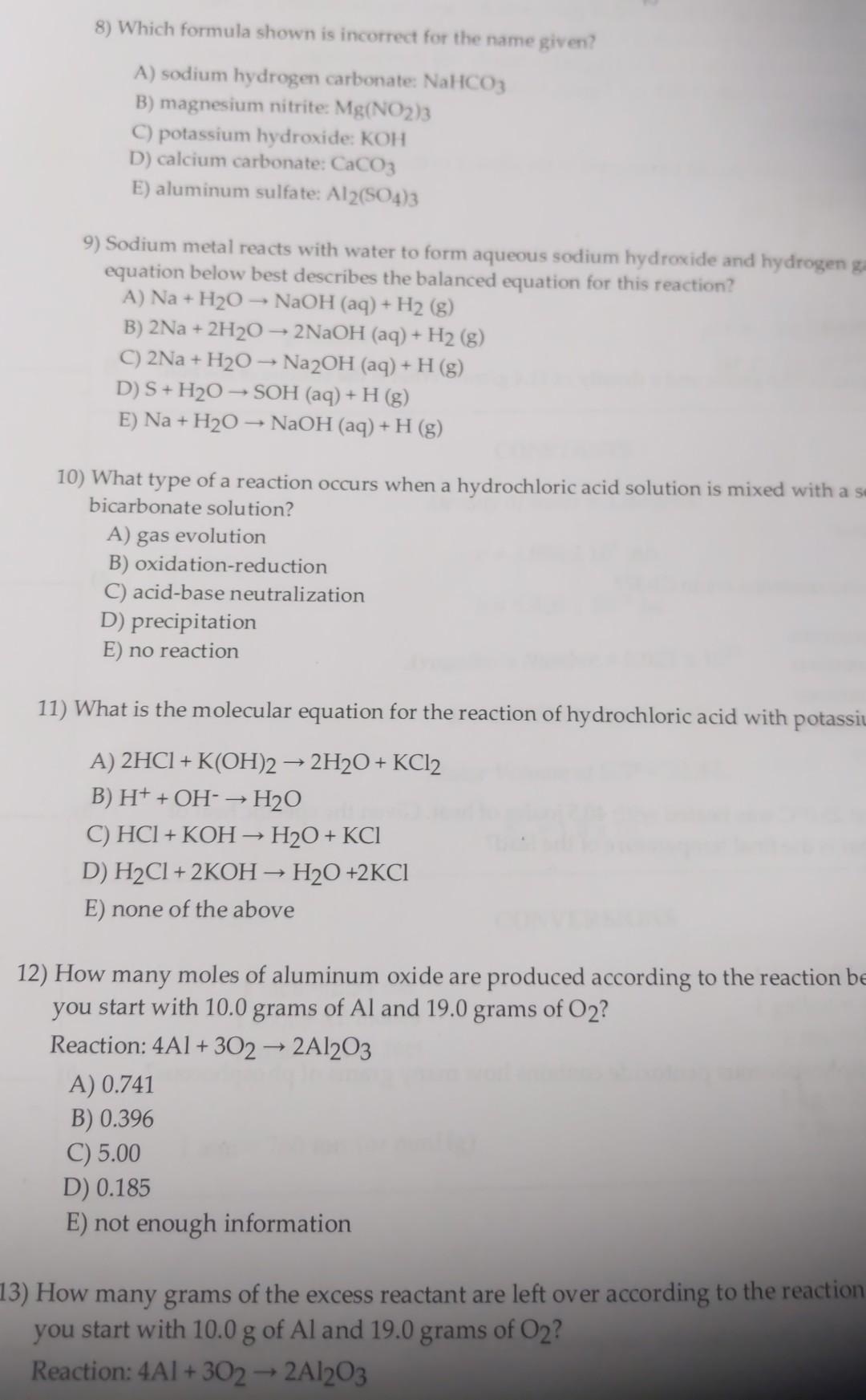 Solved 8) Which formula shown is incorrect for the name