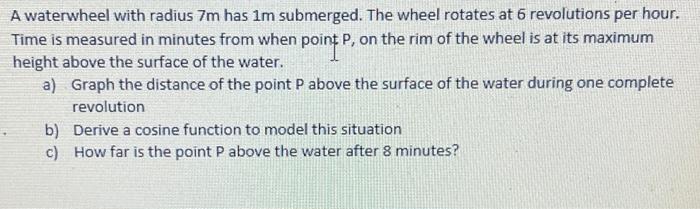 Solved A waterwheel with radius 7m has 1m submerged. The | Chegg.com