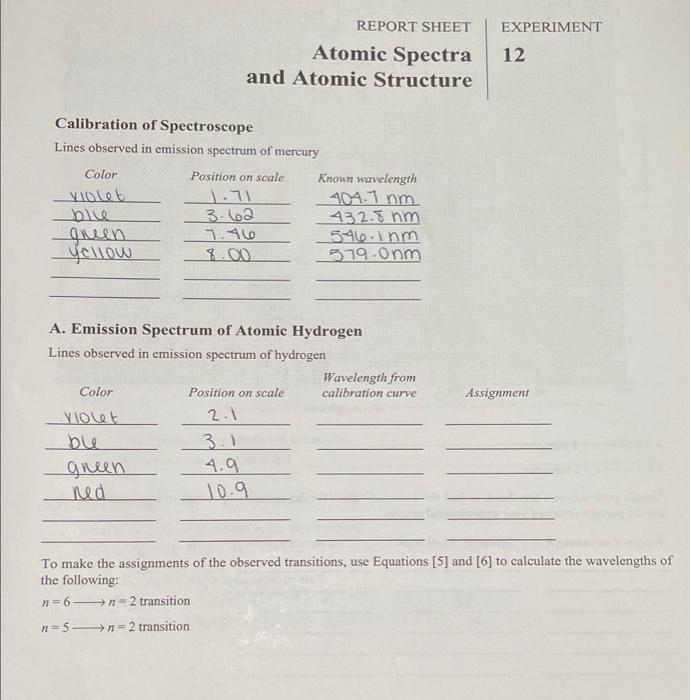 EXPERIMENT REPORT SHEET Atomic Spectra and Atomic