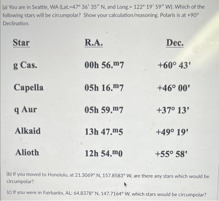 (a) You are in Seattle, WA (Lat.=47° 36 35 N, and Long.= 122° 19 59 W). Which of the
following stars will be circumpolar?
