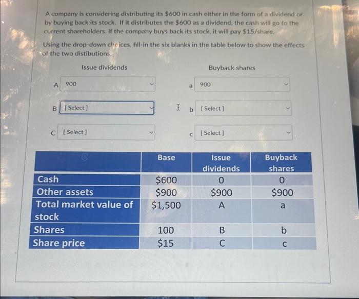 Solved A company is considering distributing its $600 in | Chegg.com