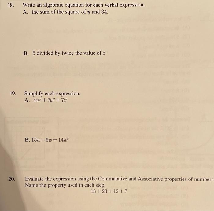 Solved 18. Write an algebraic equation for each verbal | Chegg.com