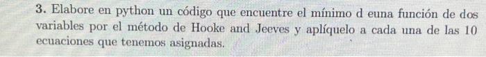 3. Elabore en python un código que encuentre el mínimo d euna función de dos variables por el método de Hooke and Jeeves y ap