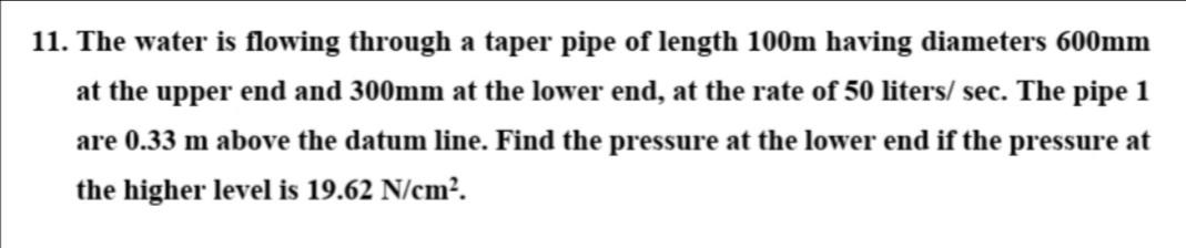 Solved 11. The water is flowing through a taper pipe of | Chegg.com