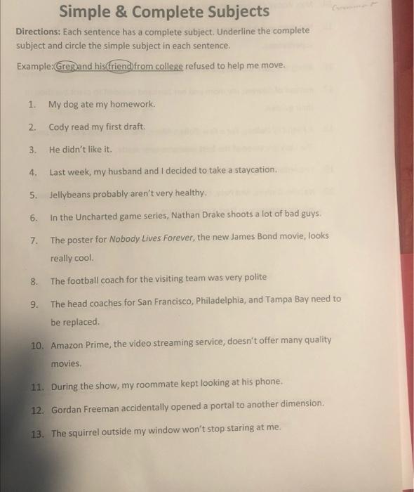 Directions: Each sentence has a complete subject. | Chegg.com