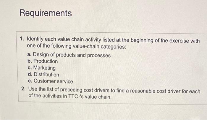 Requirements
1. Identify each value chain activity listed at the beginning of the exercise with one of the following value-ch