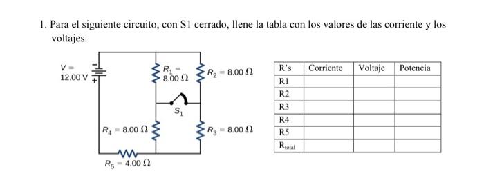 1. Para el siguiente circuito, con \( \mathrm{S} 1 \) cerrado, llene la tabla con los valores de las corriente y los voltajes