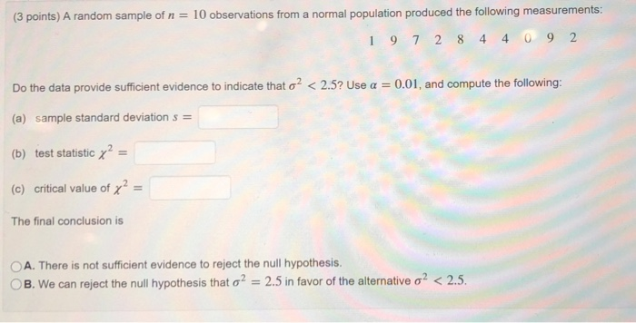Solved (3 points) A random sample of n = 10 observations | Chegg.com
