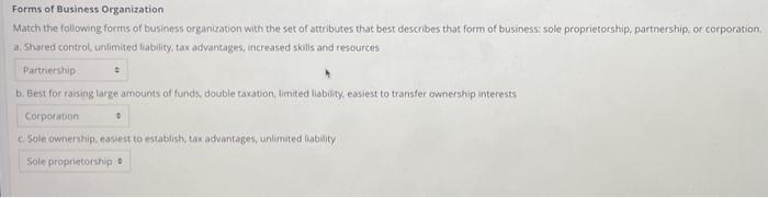 Forms of Business Organization
Match the following forms of business organization with the set of attributes that best descri