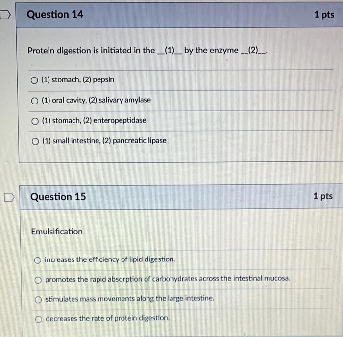 Solved Protein digestion is initiated in the (1)__ by the | Chegg.com