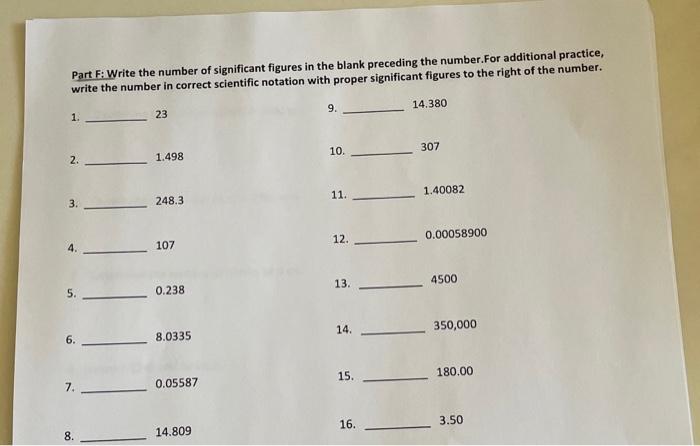 Solved Part F: Write the number of significant figures in | Chegg.com