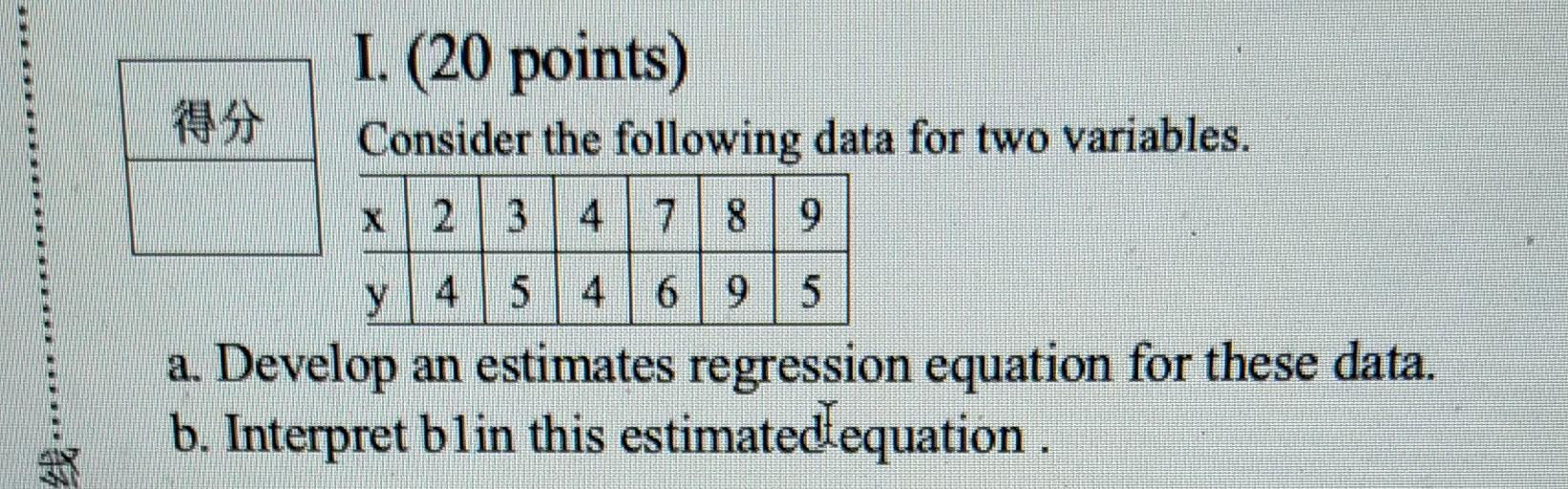 Solved I. (20 points) 得分 Consider the following data for two | Chegg.com