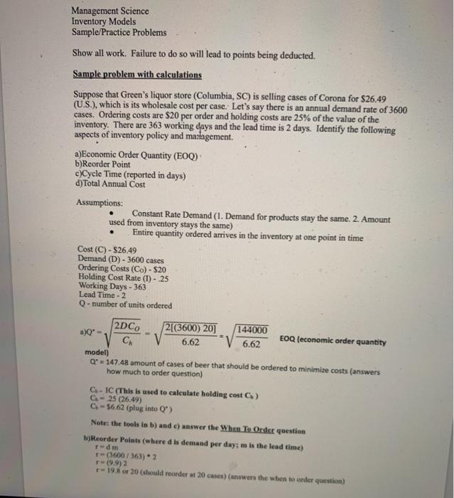 Solved Management Science Inventory Models Sample/Practice | Chegg.com