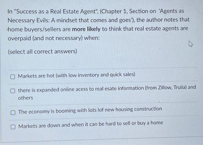 Solved In "Success As A Real Estate Agent", (Chapter 1, | Chegg.com