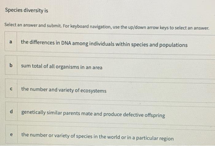 Solved Species Diversity Is Select An Answer And Submit. For | Chegg.com