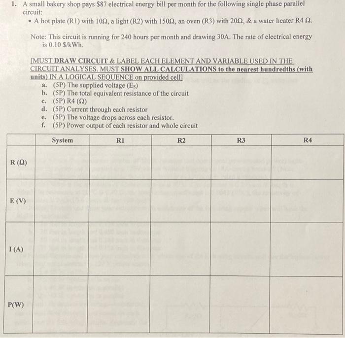 Solved 1. A small bakery shop pays $87 electrical energy | Chegg.com