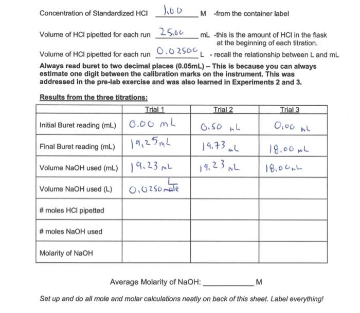 Solved اور( Concentration of Standardized HCI M-from the | Chegg.com