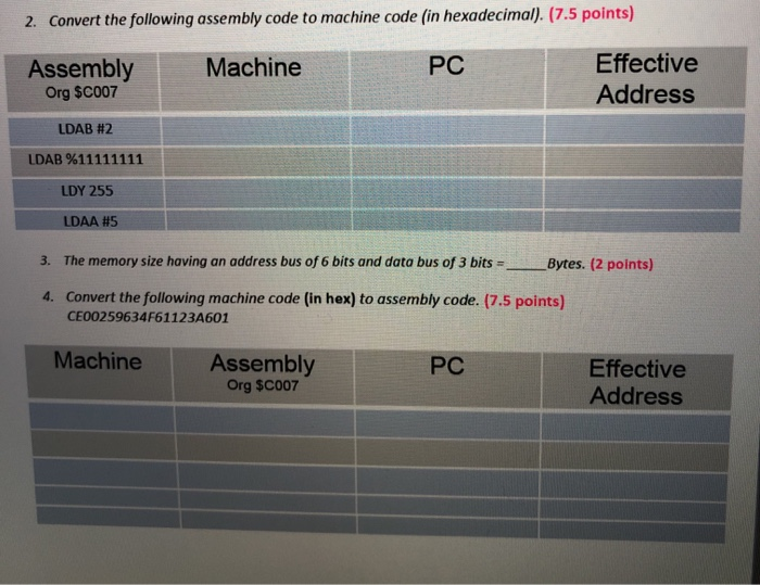 2. Convert the following assembly code to machine