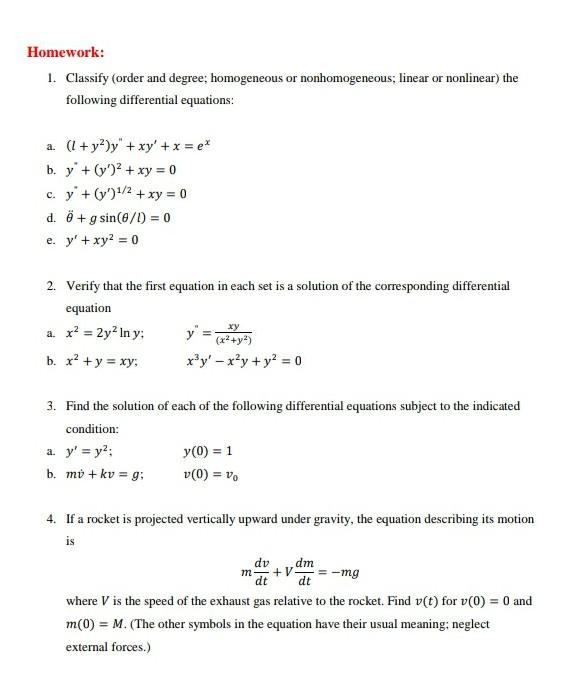 Solved Homework 1 Classify Order And Degree Homogeneo Chegg Com