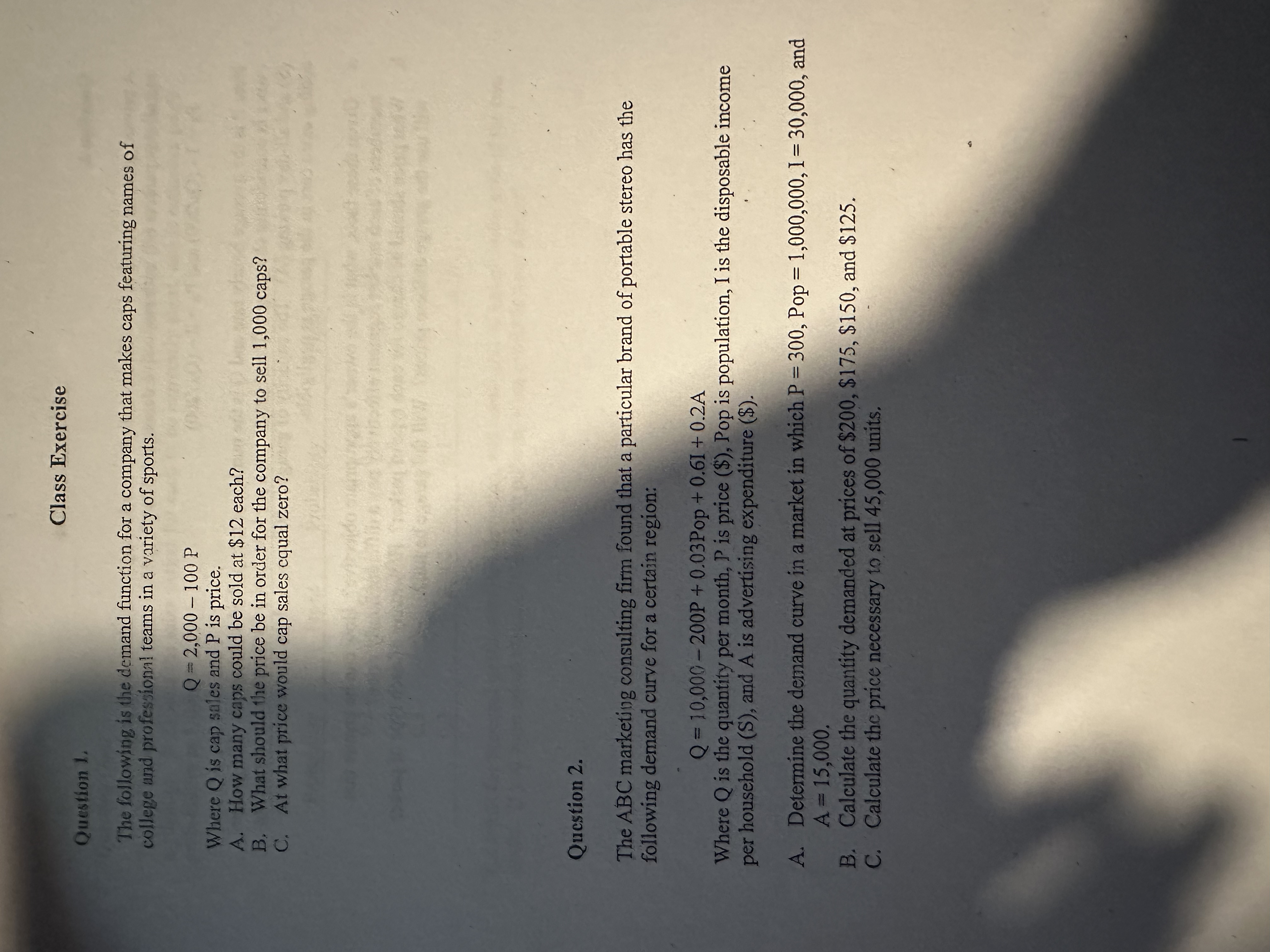 Solved Class ExerciseQuestion 1.The following is the demand | Chegg.com