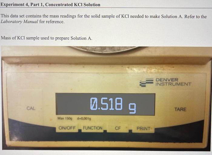 This data set contains the mass readings for the solid sample of \( \mathrm{KCl} \) needed to make Solution \( \mathrm{A} \).