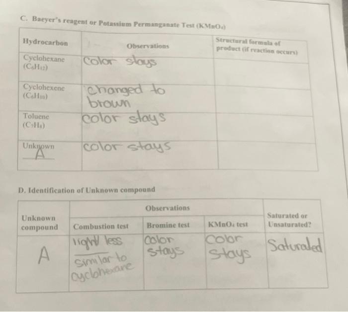 Solved C. Baeyer's reagent or Potassium Permanganate Taw | Chegg.com