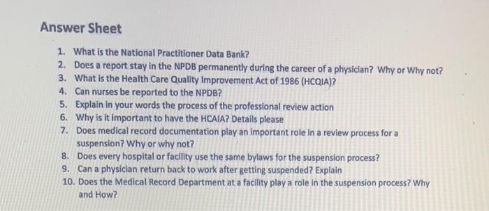 Solved Answer Sheet 1. What is the National Practitioner | Chegg.com