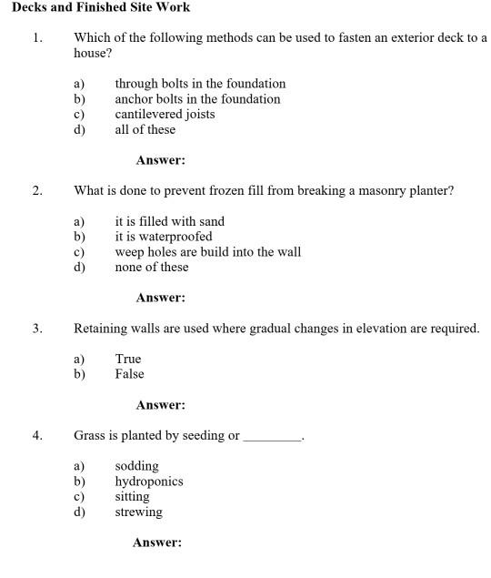 Solved Decks and Finished Site Work 1. Which of the | Chegg.com