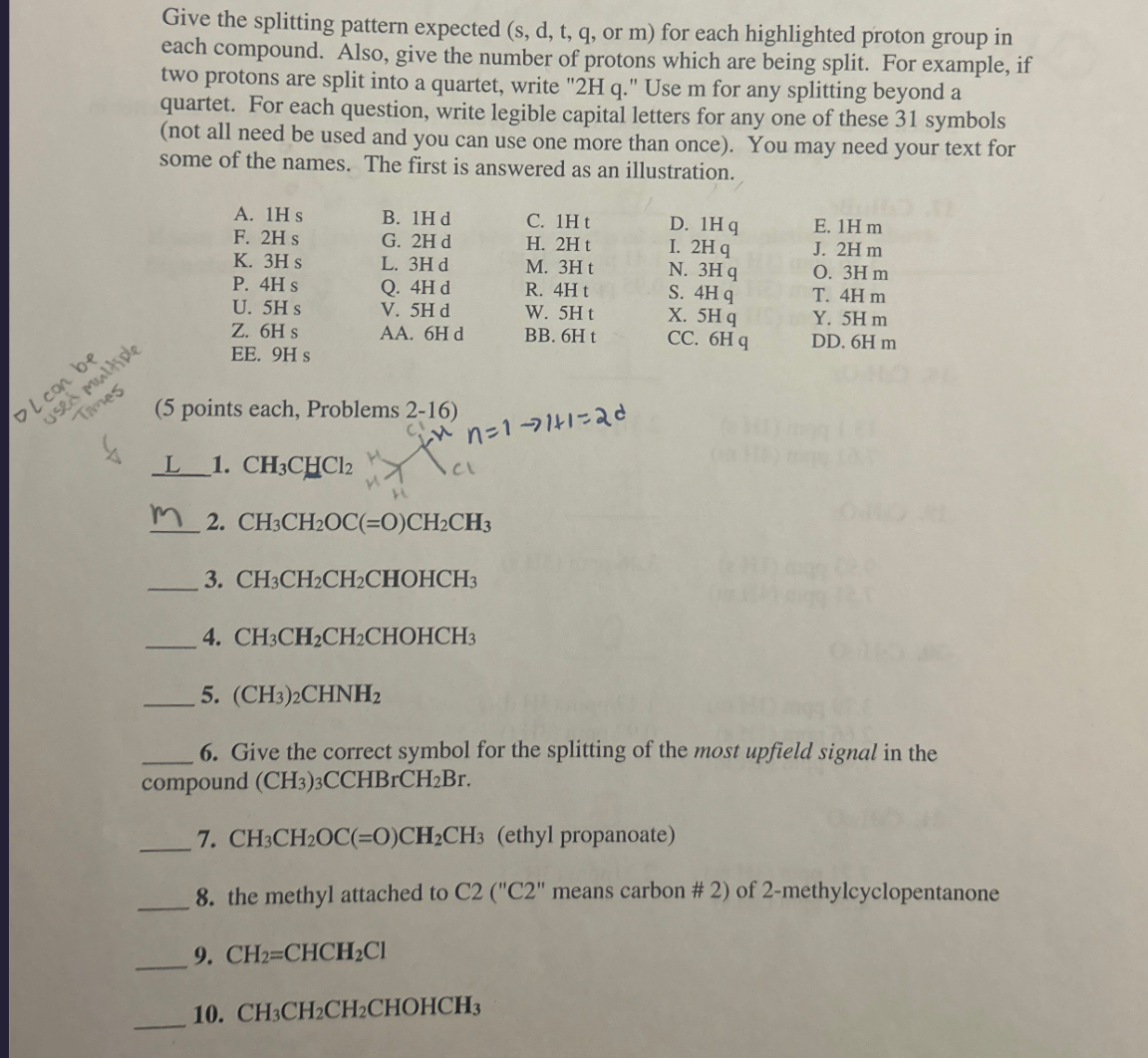 Solved Give the splitting pattern expected ( s,d,t,q, ﻿or m | Chegg.com