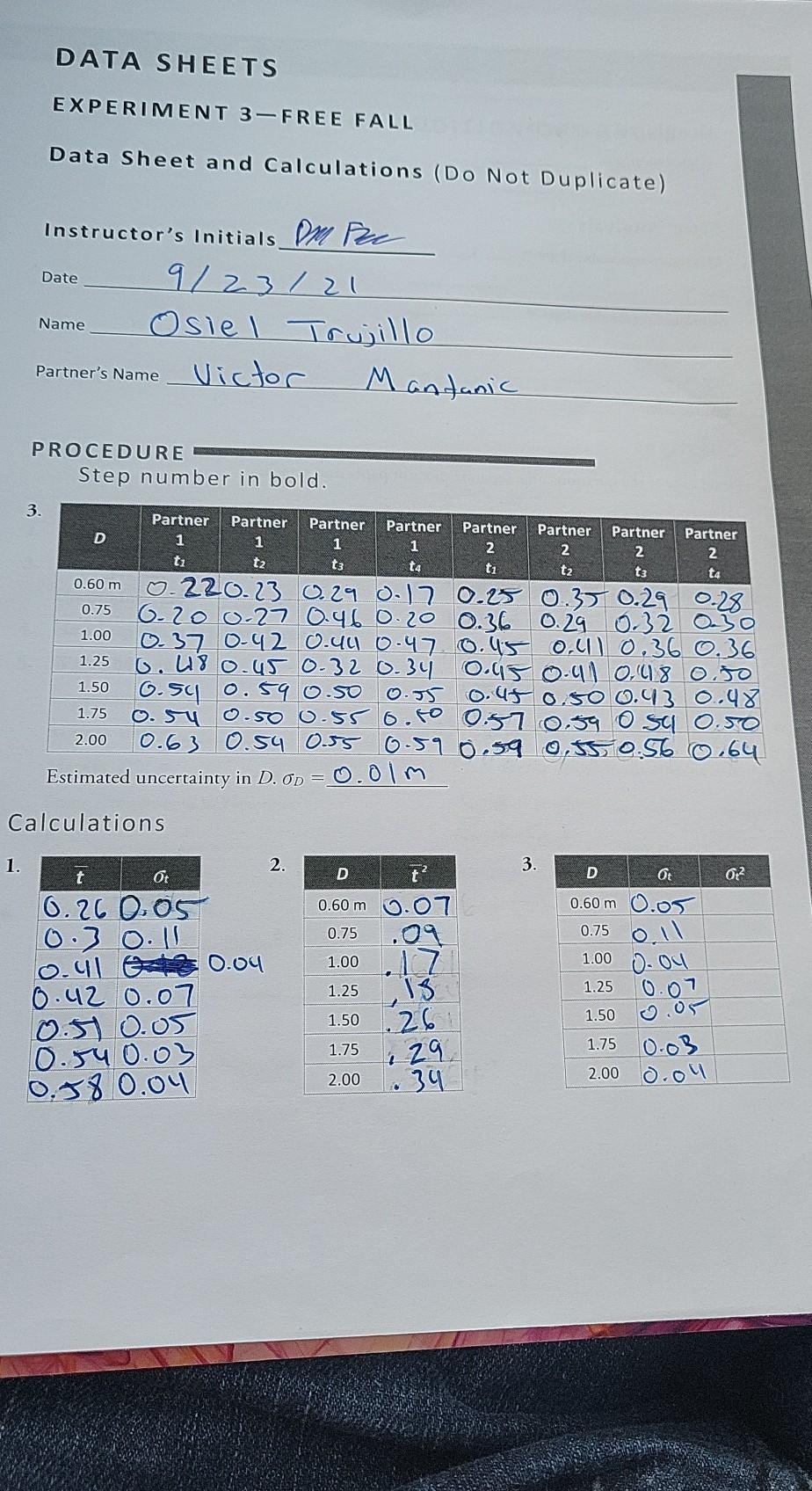 Solved DATA SHEETS EXPERIMENT 3-FREE FALL Data Sheet and | Chegg.com