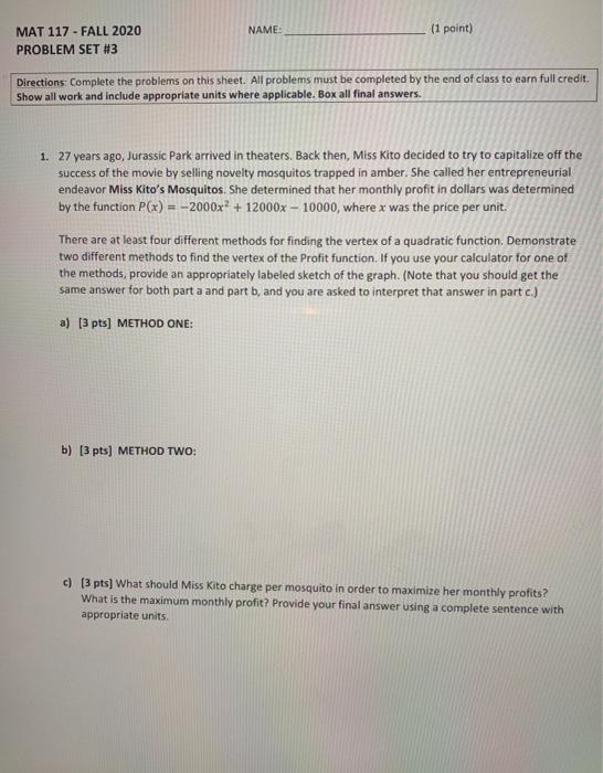 MAT 117 - FALL 2020 NAME: (1 point) PROBLEM SET #3 | Chegg.com