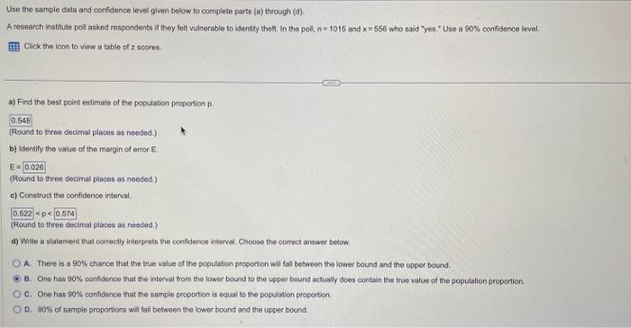 Solved Use the sample data and confidence level given below | Chegg.com